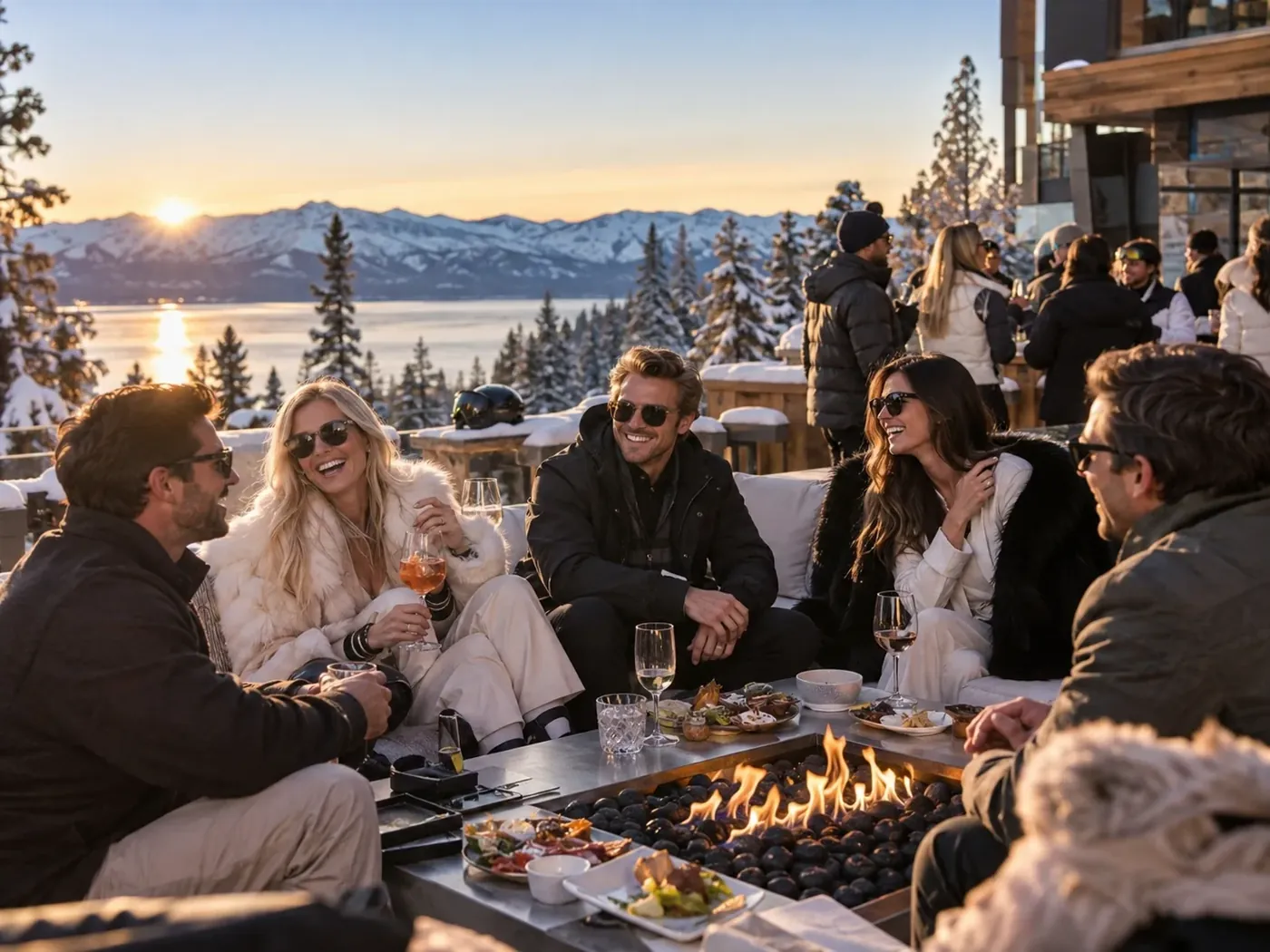 Friends around a fire pit on a snowy terrace above Lake Tahoe at sunset