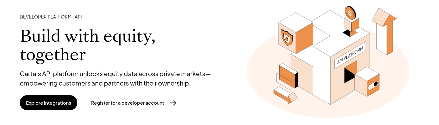 Current Carta API Platform page: Build with equity, together, beside the API-platform illustration.