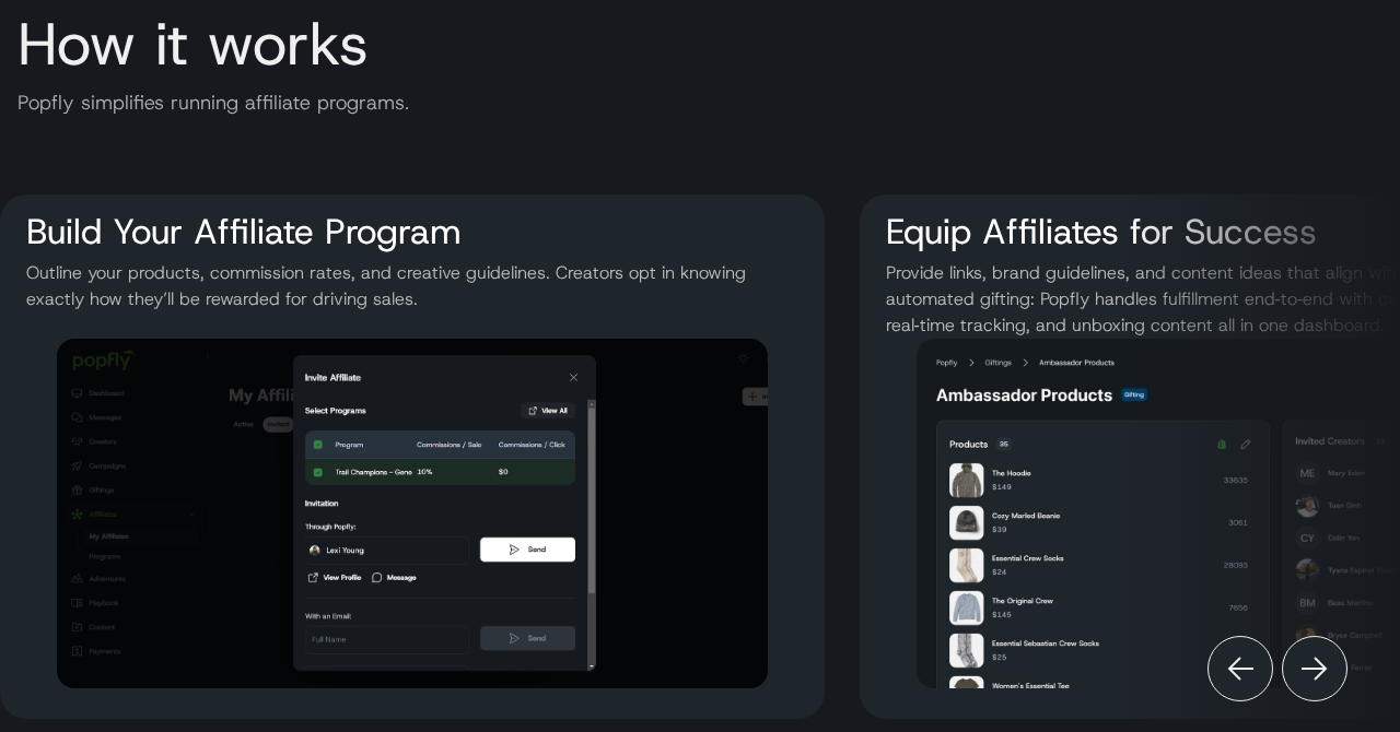 Popfly’s current affiliate-program page, showing program setup and affiliate product fulfillment interfaces.