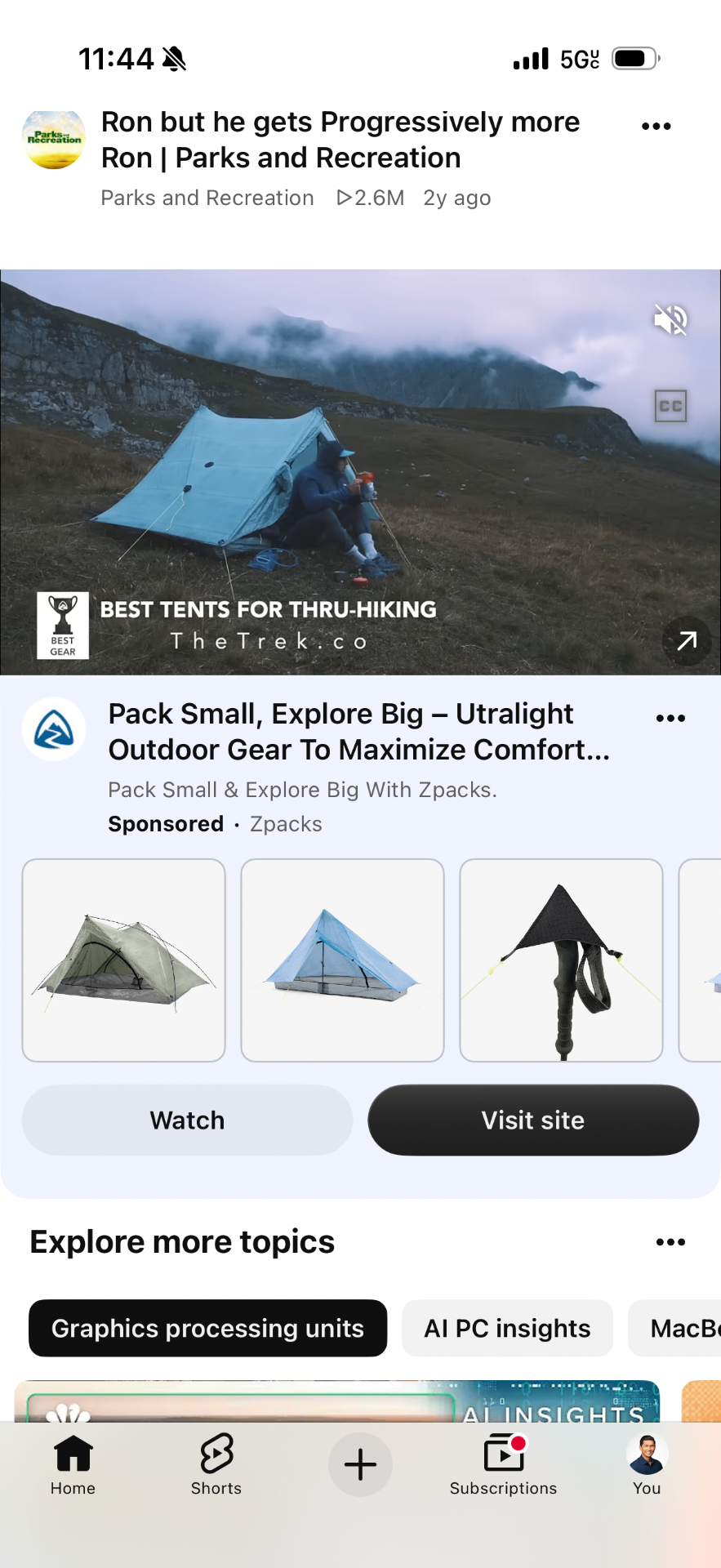Drew’s YouTube feed showing a sponsored Zpacks ad, “Pack Small, Explore Big”, and ultralight shelter product tiles.