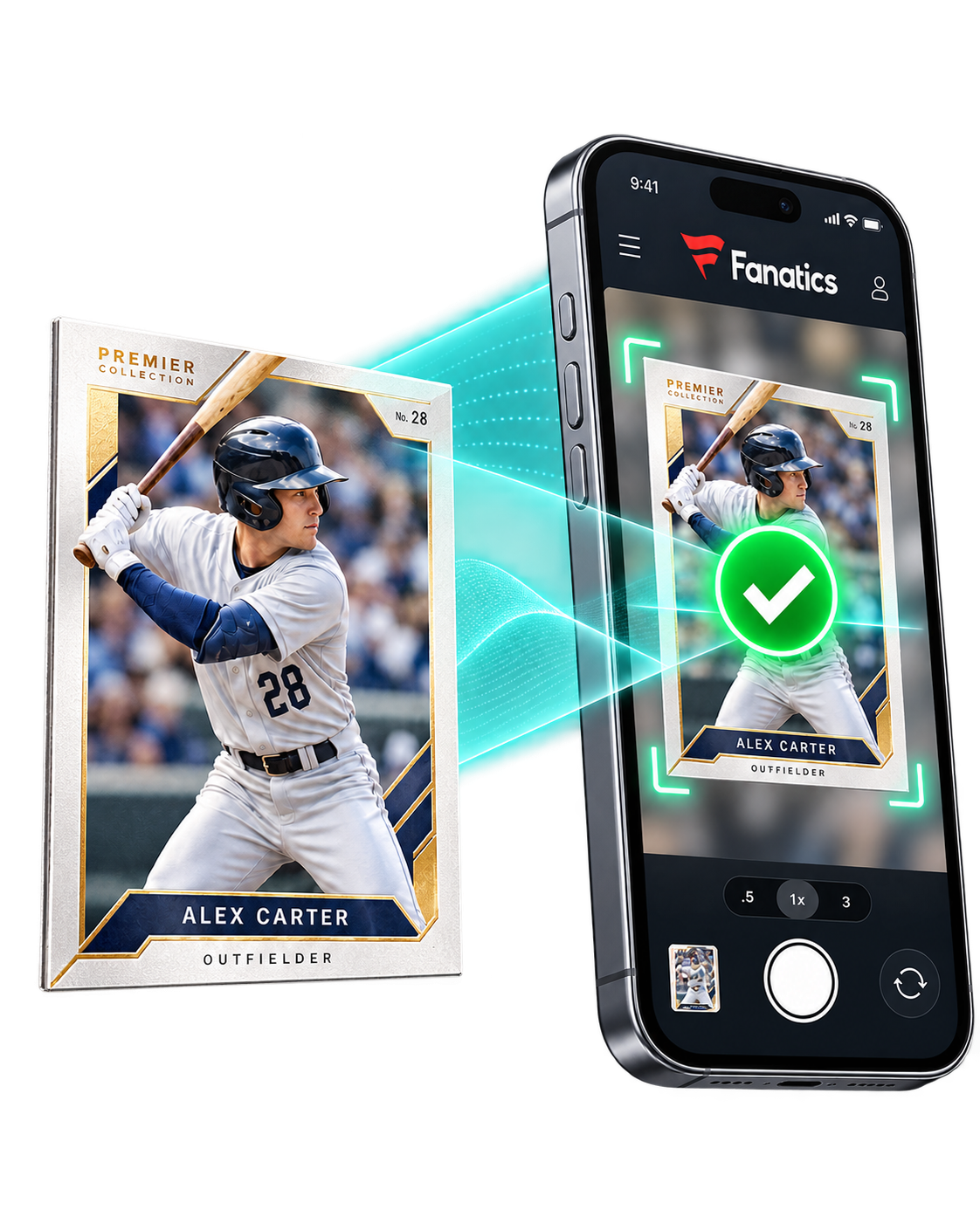 A Fanatics collectible card being scanned by a phone